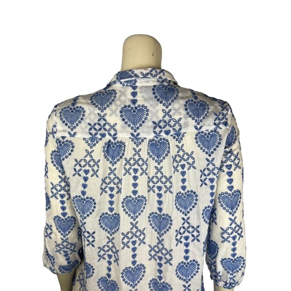 Johnny Was Jade Heart Embroidered Top Size XS Maeve Button Down White Blue Boho - Picture 7 of 12
